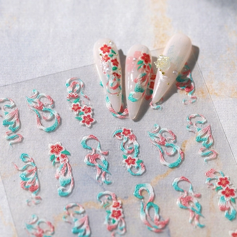 Autocollants De Nail Art En Relief 5D Style Chinois Broderie Fleurs Nuages Motif Auto-Adhésif Décalcomanies De Manucure