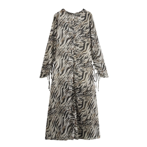 Tiger Print Maxi Dress V Neck Long Sleeve Chiffon Drawstring High Waist Side Slit Retro Elegant For Women