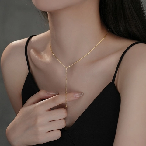 Collana con Nappina a Forma di Y in Argento Sterling S925 per Donna Elegante Catena a Clavicola Placcata Oro Argento Con Perline Tonde Regalo Gioielli