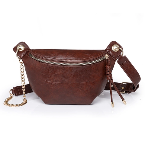 Women Retro PU Leather Waist Bag Golden Chain Crossbody Chest Pack Water Resistant Tassel Minimalist For Daily Use