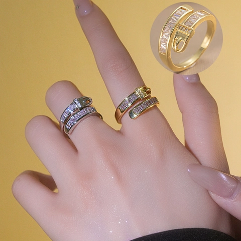 Trendy Copper Belt Buckle Open Ring For Women Luxurious Rhinestone Inlaid Adjustable Finger Ring Fashion Jewelry Accessory