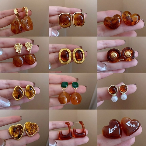 Pendientes De Aleación Con Textura De Ámbar De Resina Con Poste De Plata De Ley 925 Estilo Francés Geométrico Retro Joyería Mujer