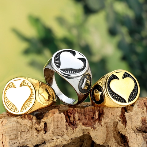 Vintage Signet Ring For Men 304 Stainless Steel Heart Spade Poker Pattern Black Enamel Biker Style Fashion Jewelry