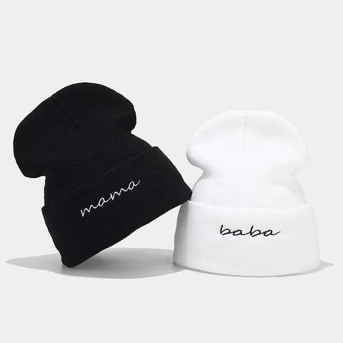 Berretto In Maglia Di Acrilico Con Ricamo Baba Mama Cappello Con Risvolto Caldo Inverno Street Style Unisex