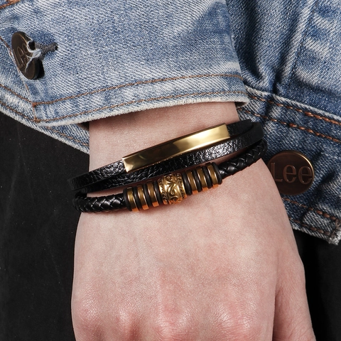 Pulsera De Cuero Trenzado Multicapa Para Hombre Acero Inoxidable Cierre Magnético Brazalete Masculino Retro Punk