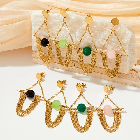 Pendientes De Borla De Acero Inoxidable Vintage Para Mujer Bohemio Geométrico Triángulo Piedra De Ágata Chapado En Oro