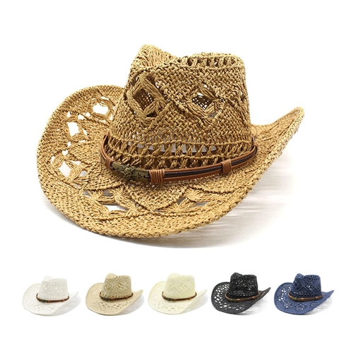 Hollow Out Straw Cowboy Hat Breathable Sun Protection Western Style Summer Beach Hat With Vintage Skull Decor For Women Men