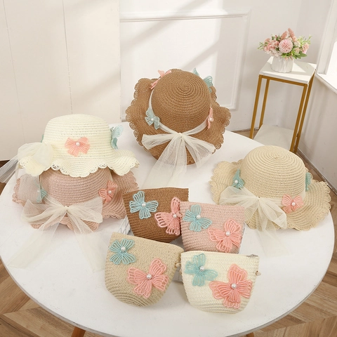 Girls Straw Sun Hat And Handbag Summer Beach Lace Trim Butterfly Artificial Pearl Accents Breathable Cute Outdoor Accessory
