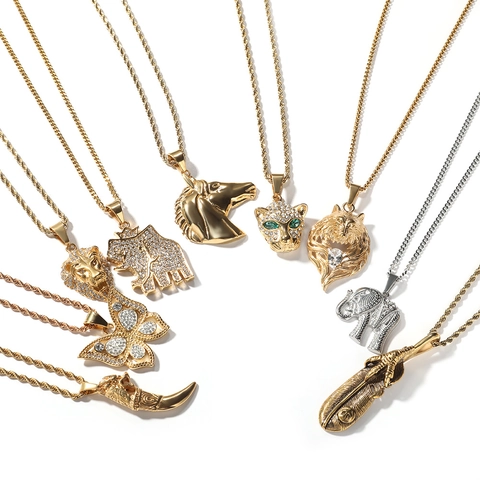 Hip Hop Animal Pendant Necklace Gold Plated Stainless Steel Rhinestone Lion Elephant Butterfly Wolf Jewelry For Men