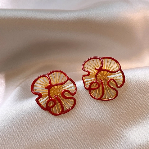 Flower Stud Earrings With Silver Earring Post Copper Gold Plated Red Enamel Hollow Vintage Elegant Jewelry For Women
