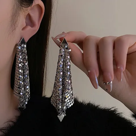 Geometrische Driehoek Metalen Mesh Lange Kwastje Oorbellen Met Silver Earring Post Trendy Grote Partij Sieraden Voor Dames