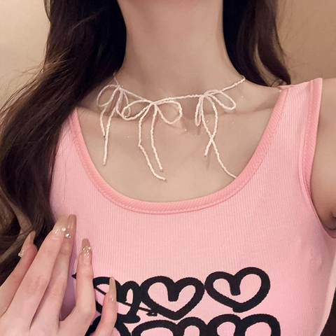 Schleife Perlen Choker Halskette Reisperlen Legierung Verschluss Süßer Balletcore Stil Schlüsselbein Kette Für Damen