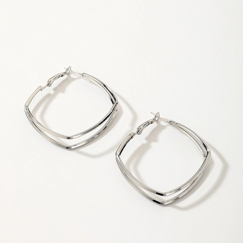 Double Layer Geometric Square Hoop Earrings Alloy With 925 Sterling Silver Earring Post Modern Metallic Style For Women
