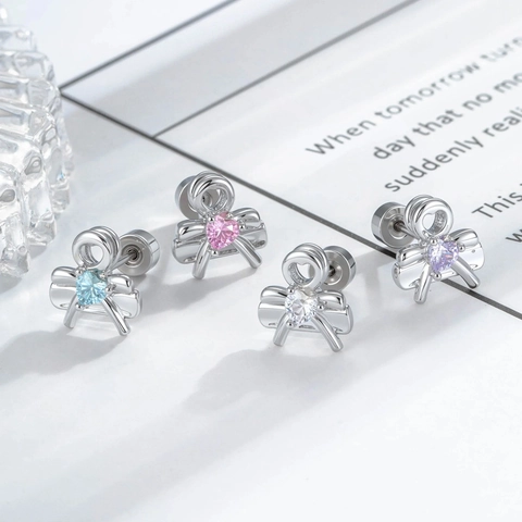 Bowknot Heart Ear Cartilage Stud Titanium Steel Zircon Piercing Jewelry Screw Back Earring For Women