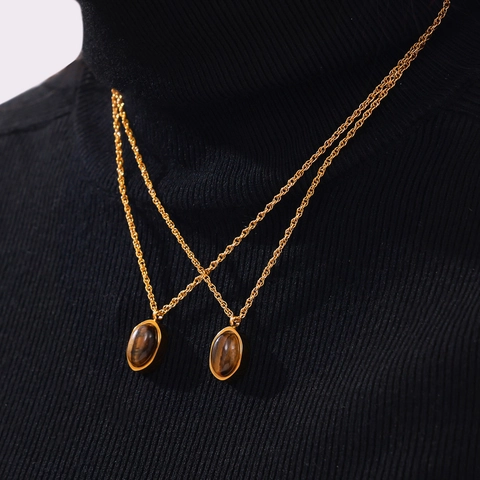 Vintage Geometric Pendant Necklace Titanium Steel With Tiger Eye Stone Retro Minimalist Jewelry For Women Elegant Charm