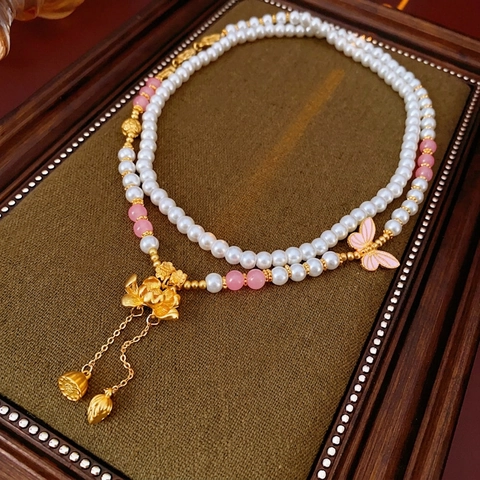 Collar De Cadena Larga Para Suéter De Estilo Chino Nuevo Con Perla Artificial De Imitación Cobre Loto Mariposa Colgante De Gourd Borla Joyería Vintage Para Mujer