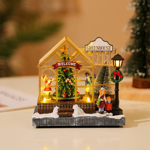 Weihnachten Leuchtend Musik Gewächshaus Harz LED Musikalisch Miniatur Landschaft Tisch Ornament Für Feiertag Haus Deko Geschenk