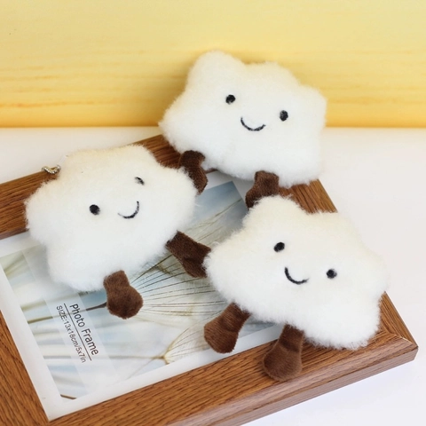 Cute White Cloud Plush Keychain Bag Charm With Embroidered Smile Face Soft Stuffed Doll For Backpack Decoration