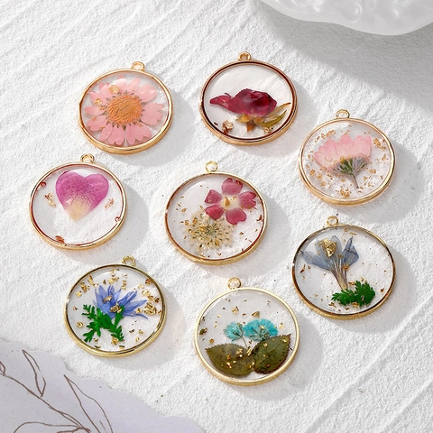 Pendentifs Ronds En Alliage Et Résine Avec Véritables Fleurs Séchées Et Flocons De Feuille D'or Breloques Florales Artisanales