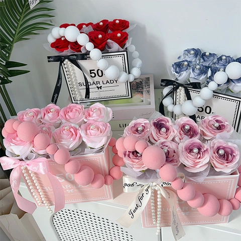Soap Rose Flower Gift Box With Artificial Pearl Chain Ribbon Romantic Floral Present For Birthday Graduation Anniversary