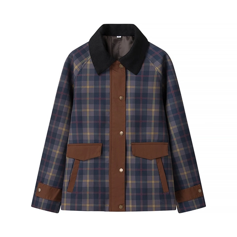 Veste À Carreaux Rétro Pour Femmes Manches Longues Patchwork Contrasté Col En Velours Côtelé Manteau Décontracté