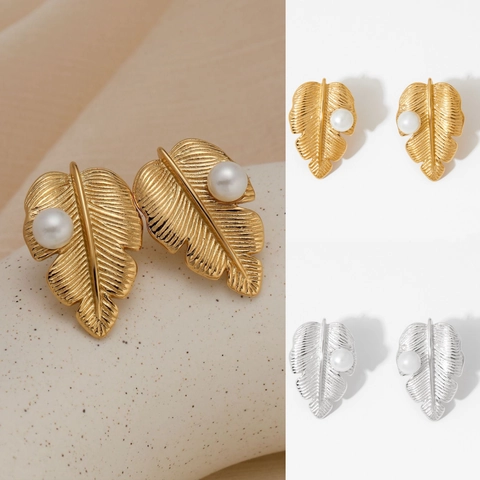 Orecchini A Lobo Con Künstliche Perle E Foglie Con Perno In Acciaio Inossidabile Vintage Elegante Placcato Sottovuoto Gioielli Per Donne