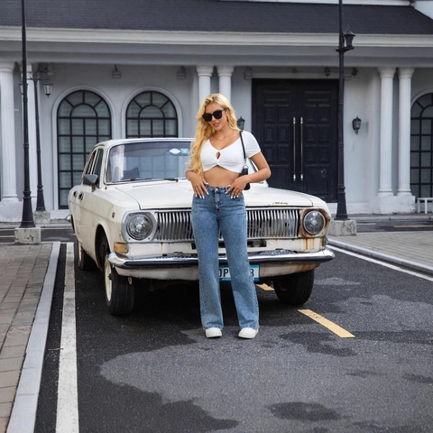 High Waisted Straight Leg Jeans Vintage Wash Distressed Katoen Rayon Stretch Denim Broek Dames