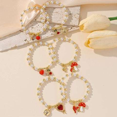 Pulsera De Cuentas Moda Cobre Chapado En Oro Perla Artificial Sintética Con Circón Corazón Cereza Champiñón Dijes Para Mujer Joyas