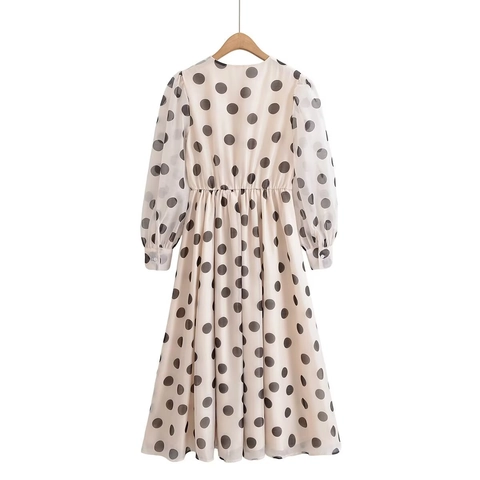 Französischer Stil Polka Dot Midikleid Lange Puffärmel Chiffon Rundhals Knopf Vorne Elastische Taille Elegant Damen