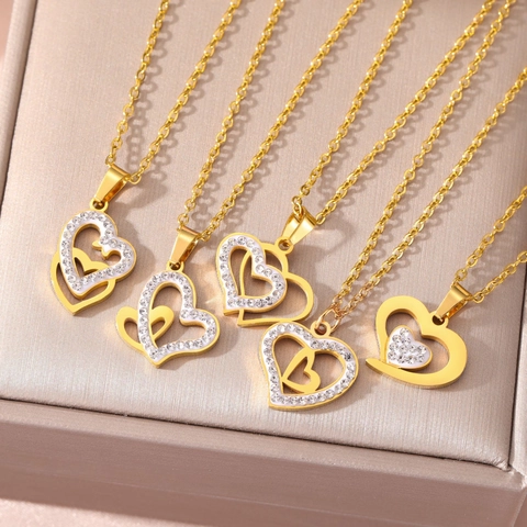 Stainless Steel Double Heart Pendant Necklace For Women Elegant Rhinestone Inlaid Gold Silver Color Fashion Jewelry Gift