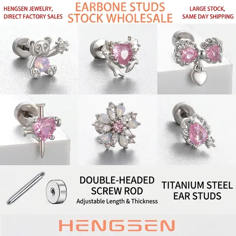 Pink Zircon Heart Bear Cartilage Stud Earrings Titanium Steel Screw Back Piercing Jewelry Cute Y2K For Women