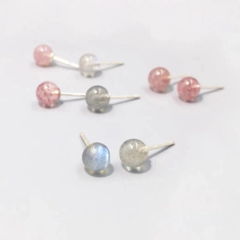 S999 Sterling Silver Natural Strawberry Quartz Moonstone Round Bead Stud Earrings Minimalist Fashion Jewelry For Women