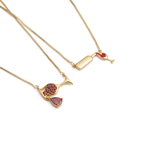 Wine Bottle And Glass Pendant Necklace Copper Gold Plated Red Zircon Box Chain Minimalist Jewelry For Women
