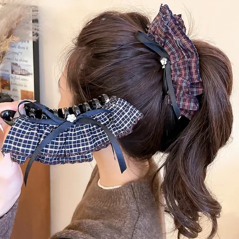 Retro Geruite Stof Haarklem Met Ruches Satijnen Strikje Strass Decor Elegante Haarklem Voor Dames