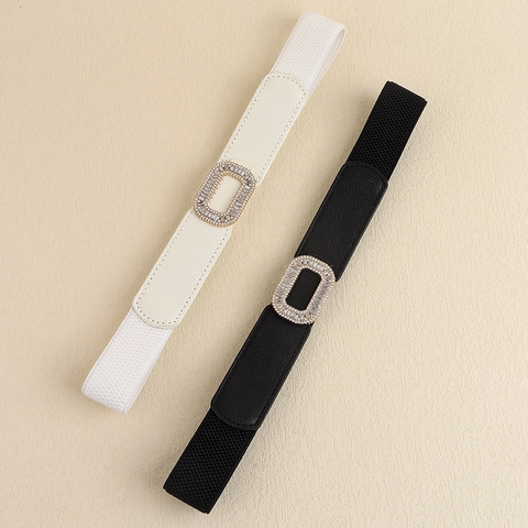 Women Elastic Corset Belt Wide Waistband PU Leather Rhinestone Square Buckle Adjustable Fashion Dress Waist Accessory