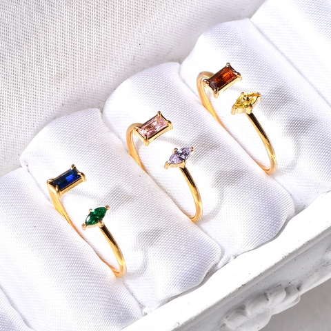 Gold Plated Titanium Steel Open Adjustable Ring For Women Colorful Zirconia Minimalist Geometric Double Stone Jewelry