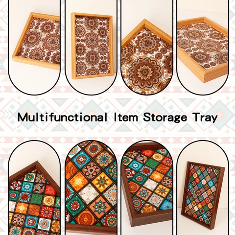 Bohemian Wooden Serving Tray Rectangular Mandala Pattern Decorative Storage For Breakfast Coffee Table Jewelry Organizer