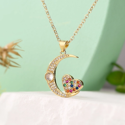 Mond Hase Herz Anhänger Halskette 18K Vergoldetes Kupfer Zirkonia Zierlicher Vielseitiger Leichter Luxus Schmuck Für Damen