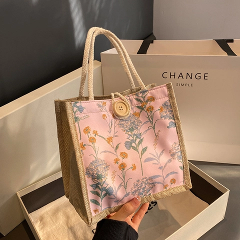 Floral Print Tote Bag Canvas Jute Handbag With Rope Handle Wooden Button Vintage Pastoral Style For Women Daily Outing