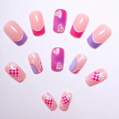 Press On Nails Lang Quadratisch Rosa Lila Farbverlauf Herz Gänseblümchen Französischer Stil Y2K Süß Kühl Glänzend Falsche Nägel Für Frauen