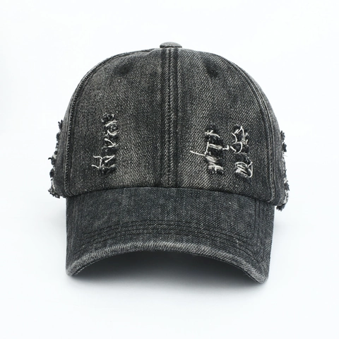Cappello da Baseball in Denim Lavato Vintage Distressed Strappato in Cotone Regolabile Parasole Tinta Unita Hip Hop Unisex