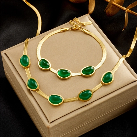 Women Jewelry 18K Gold Plated Stainless Steel Emerald Green Gemstone Flat Snake Bone Chain Necklace And Bracelet Retro