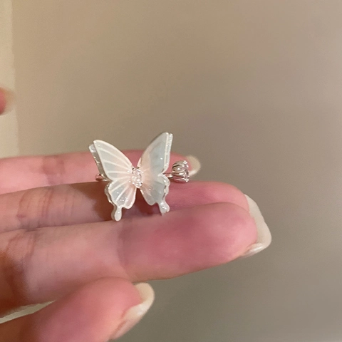 Butterfly Ring Zircon Copper Mother Of Artificial Pearl Texture Open Adjustable Hollow Fairy Sweet Style Jewelry For Women