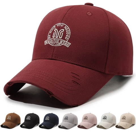 Vintage Distressed Cotton Baseball Cap Ripped Brim Letter Embroidery Adjustable Dad Hat Outdoor Sun Protection Unisex
