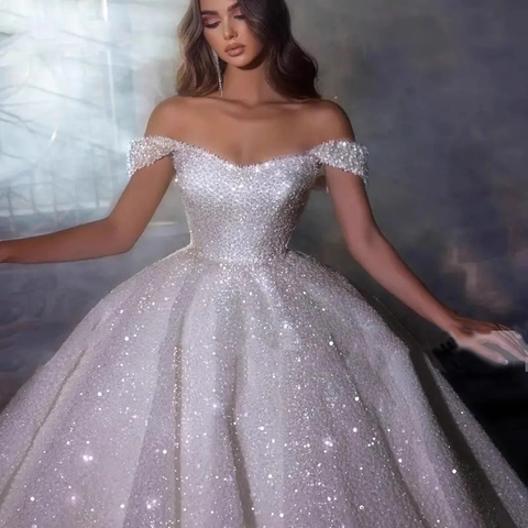 Elegante Off Shoulder Trouwjurk Kant Lovertjes Hoge Taille Bruidsjurk Lange Sleep Glinsterende Voor Dames