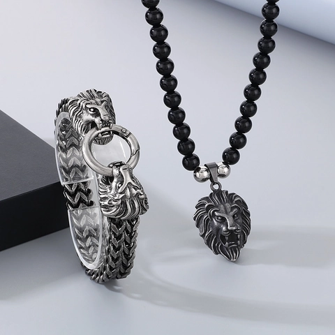 Gioielli Testa Di Leone Per Uomini Acciaio Inossidabile Perline Agata Nera Collana E Bracciale Catena Intrecciata Retro Punk Gotico