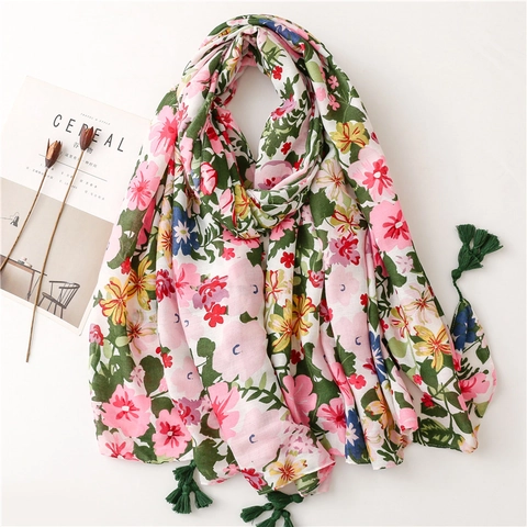 Sjaal Met Bloemenprint Voor Dames Lange Polyester Sjaal Katoen Linnen Gevoel Met Kwastjes Vintage Strand Zonnebescherming
