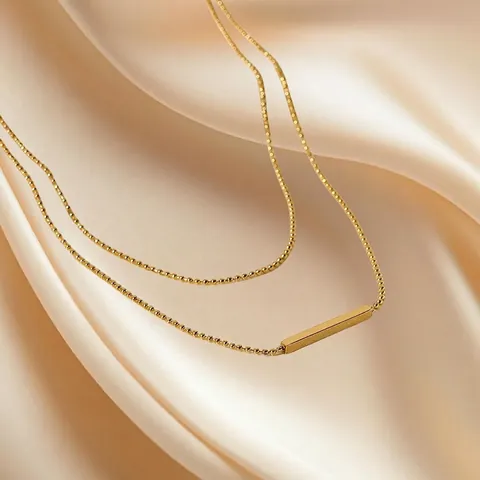 Double Layer Stainless Steel Necklace With Vertical Bar Pendant Round Bead Chain Gold Plated Minimalist INS Style For Women