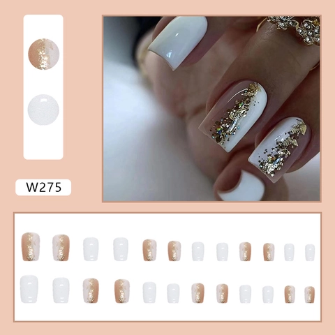 Luxury Press On Nails White Nude Square Shape Gold Foil Glitter Elegant INS Style False Nails For Women