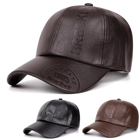 Men Baseball Cap PU Leather Warm Winter Outdoor Retro Brooklyn Letter Embossed Fashion Adjustable Solid Color